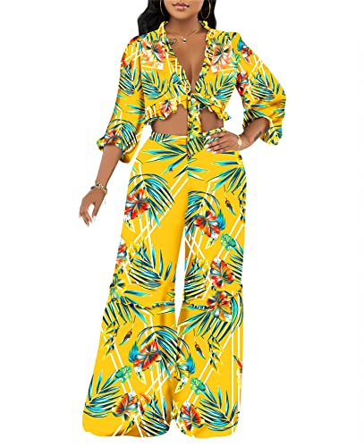 Tropical Outfits Womens - 2 Piece Pants Sets Ruffle Crop Tops and Wide Leg Boho Pants Sets Yellow M