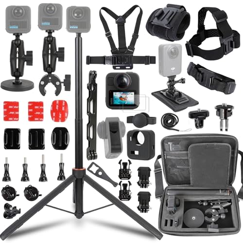 PellKing Accessories Kit for Gopro Max2 Included Carrying Case with Belt 135cm Selfie Stick Tripod Handlebar Mount Magnetic Mount 4 Pcs Body Strap Mount Silicone case Adhesive Sticker and Others