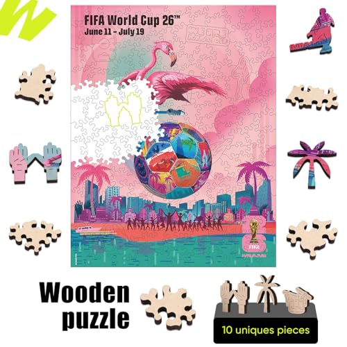 Image of FIFA World Cup 2026 City Puzzle Miami Poster - Wooden Puzzle for Adult, 200 Pieces Unique Shape Puzzle, 5MM Thick, Creative Collectible Gift for Fans, Officially Licensed Product, 9.3x11.8''