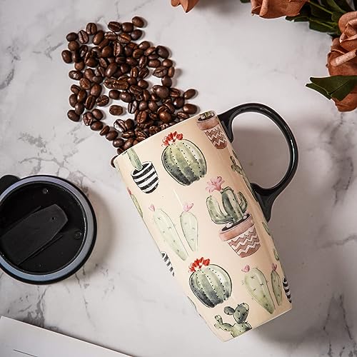 DUSVALLY Ceramic Mug Large Coffee Mug Tall Cups Porcelain Latte Coffee Cup with Lid 17oz,Cactus - Image 4