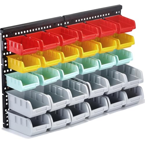 MULSAME Wall Mounted Storage Bins Parts Rack 4 Colors Bin Organizer Garage Plastic Shop Tool, Garage Organizers and Storage (Style-Serene) 25.2'*16.2'