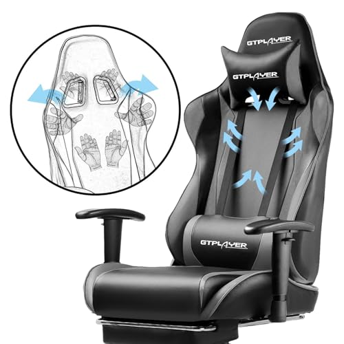 GTPLAYER Gaming Chair with Footrest, Ergonomic Computer Game Desk Chair, Reclining Game Chair Seat Height Adjustment, Swivel Rocker with Headrest and Lumbar (Grey) - Image 5