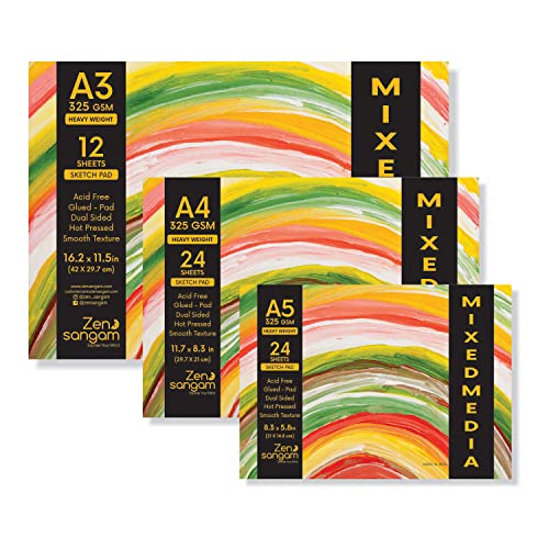 Image of Zen Sangam Artists' - Combo Pack of A3,A4,A5 Heavy Weight Mixed Media Glued Sketch Paper Pad - 325GSM - Hot Pressed - Smooth Texture Surface - For Heavy-body Paints, Calligraphy and BrushPen Lettering