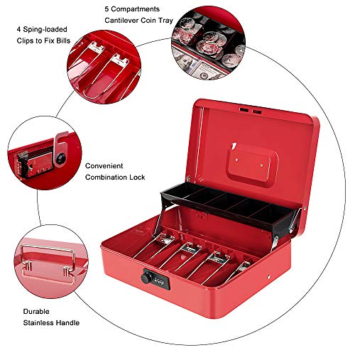 Image of Cash Box with Money Tray and Combination Lock Metal Money Box for Cash Tiered Lock Box for Money 11.8 inch x 9.4 inch x 3.54 inch Red