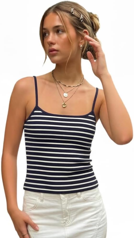 Women Stripe Print Cami Top Y2k Spaghetti Strap Backless Crop Tank Aesthetic Sleeveless Slim Fit Going Out Tops