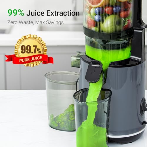 Max5 Juicer Machines,Aeitto Cold Press Juicer with 5.3“ Wide Mouth for Whole Fruits & Vegetables, Professional Slow Masticating Juice Extractor, Self Feeding, Easy to Use, High Juice Yield, Dark Grey