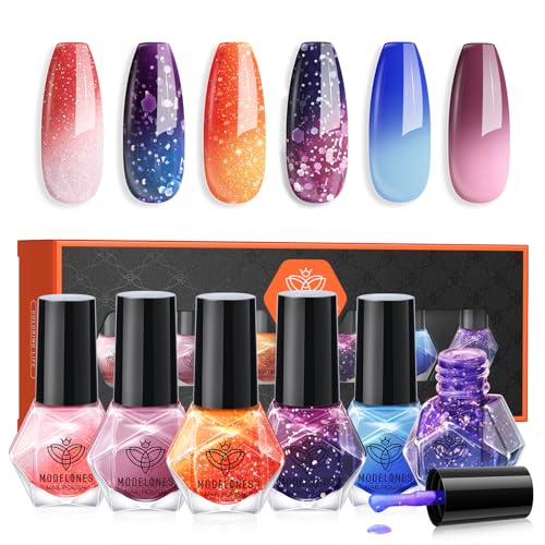 Modelones Color Changing Nail Polish Set - 6 Colors Red Orange Pink - Varnish for Manicure DIY Nail Art Salon Home For Women