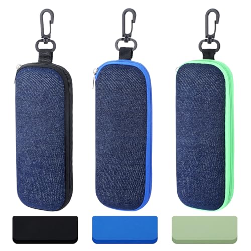 Image of 3 PCS Denim Glasses Case,Zipper Eye Glass Case Portable Glasses Storage Box, Travel Glass Cases with Hook Clasp, Sunglass Kazoo Storage Box Harmonica Cases for Men Women Students