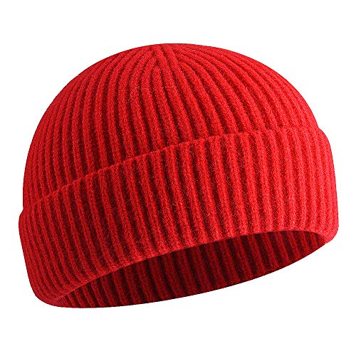 vidsel Short Fisherman Beanie for Men Women Swag Wool Knit Cuff Trawler Skullcap Winter Warm Hats Red