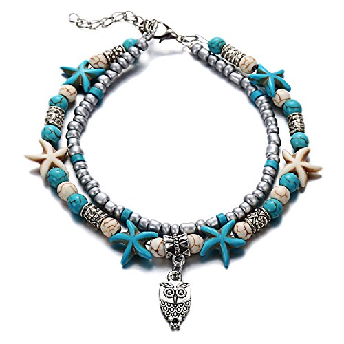 Image of Softones Blue Starfish Turtle Anklet Multilayer Charm Beads Sea Handmade Boho Anklet Foot Jewelry for Women