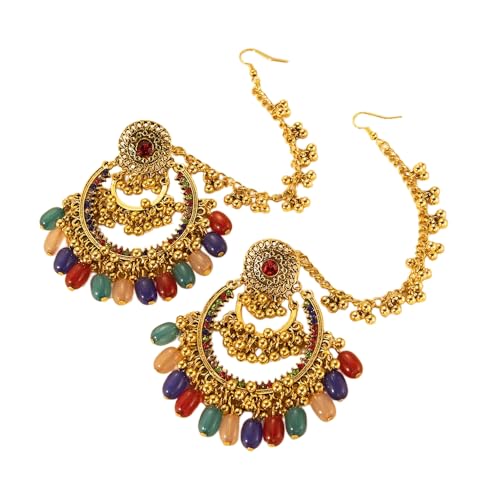 Colorful Beaded Indian Earrings for Women Gold Plated Cubic Zirconia Boho Tassel Dangle Earring Drop Chandelier Traditional Ethnic Gypsy Jewelry Bollywood Party Jhumka Festival Wedding Hair Accessory