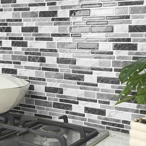 Alwayspon 9.69x4.72inchx10Pcs Marble Subway 3D Self Adhesive Wall Tile Sticker, Peel and Stick Adhesive Waterproof Backsplash Stick on Tile Decal for Kitchen Bathroom Wall, White Grey Black