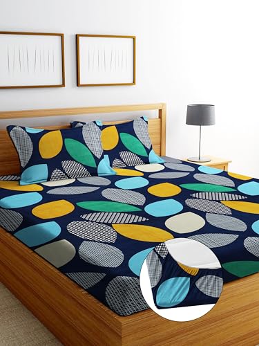 Image of DECORUM Glace Cotton Fitted 1 Bedsheet King Size (72 inchx78 inch) | All Around Elastic | Cotton Feel | 2 Pillow Covers (17 inchx27 inch) | Fits Up to 8 inch Mattress | 200-220 TC | Printed Double Bed Sheet Set