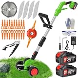 Electric Cordless Weed Wacker Eater Battery Powered,21V/4.0Ah Lightweight No-String Weed Trimmer with 2 Battery Operated& Wheels,3 in 1 Stringless Grass Trimmer/Edger/Brush Cutter for Garden Yard Lawn