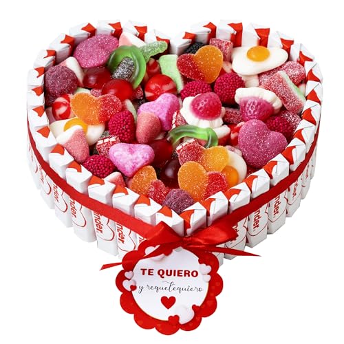 Onza Cesta de Chocolates Kinder y Chucherías para Regalar - Corazón Chocolatinas Kinder - Gran Surtido Chuches y Gominolas - Regalos originales para Mujer y Hombre
