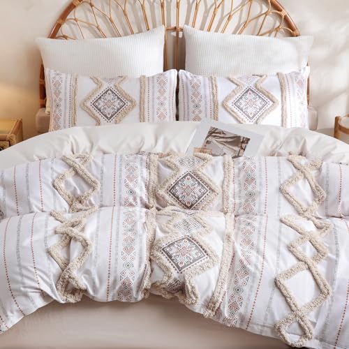Image of Herside Beige 100% Cotton Boho Duvet Cover Set Queen Size, 3-Piece Tufted Textured Modern Boho Moroccan Bedding, Aztec Geometric Farmhouse Comforter Cover with 8 Corner Ties & Double Zipper