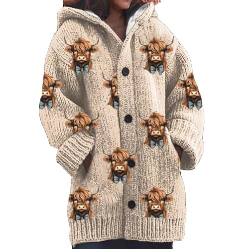 Womens Highland Cow Print Knitted Cardigan Casual Highland Cow Top Cow Christmas Cardigan Knitted Sweater for Women