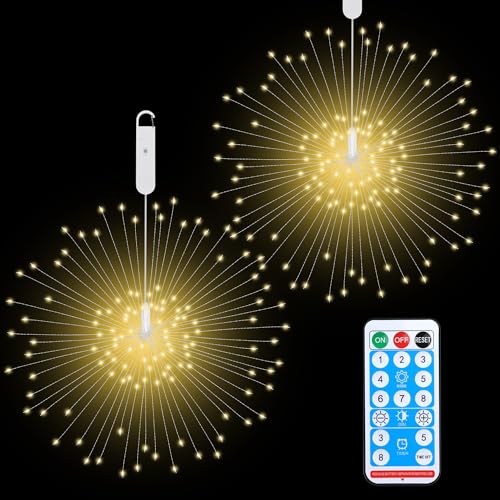 Dofulay Outdoor Lights Firework 120 LED Waterproof 8 Modes with Remote Wedding Decorative Hanging Lights for Party Patio Garden Warm White 2 Pack