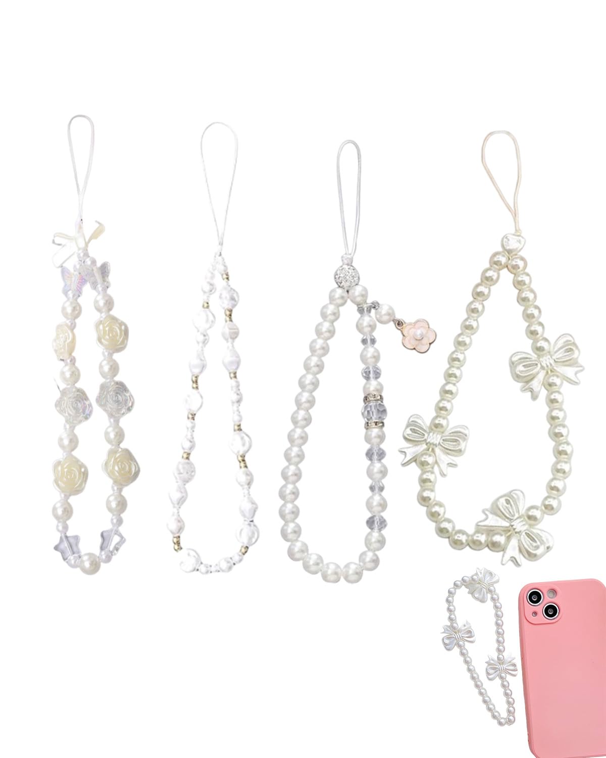 4 Pcs Phone Charm, Bag Charms, Mobile Charms, Phone Decoration - White Butterfly and Rose Design Pearl Chain, Ideal for Women, Pearls Phone Lanyard Wrist Strap