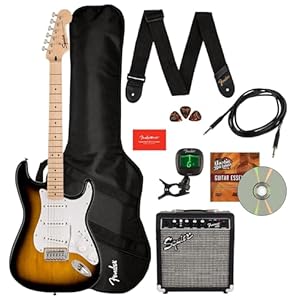 Fender Squier Sonic Strat Pack – 2-Color Sunburst Bundle with Frontman 10G Amp, Gig Bag, Tuner, Strap, Cable, Picks, Fender Play, and Austin Bazaar Guitar DVD