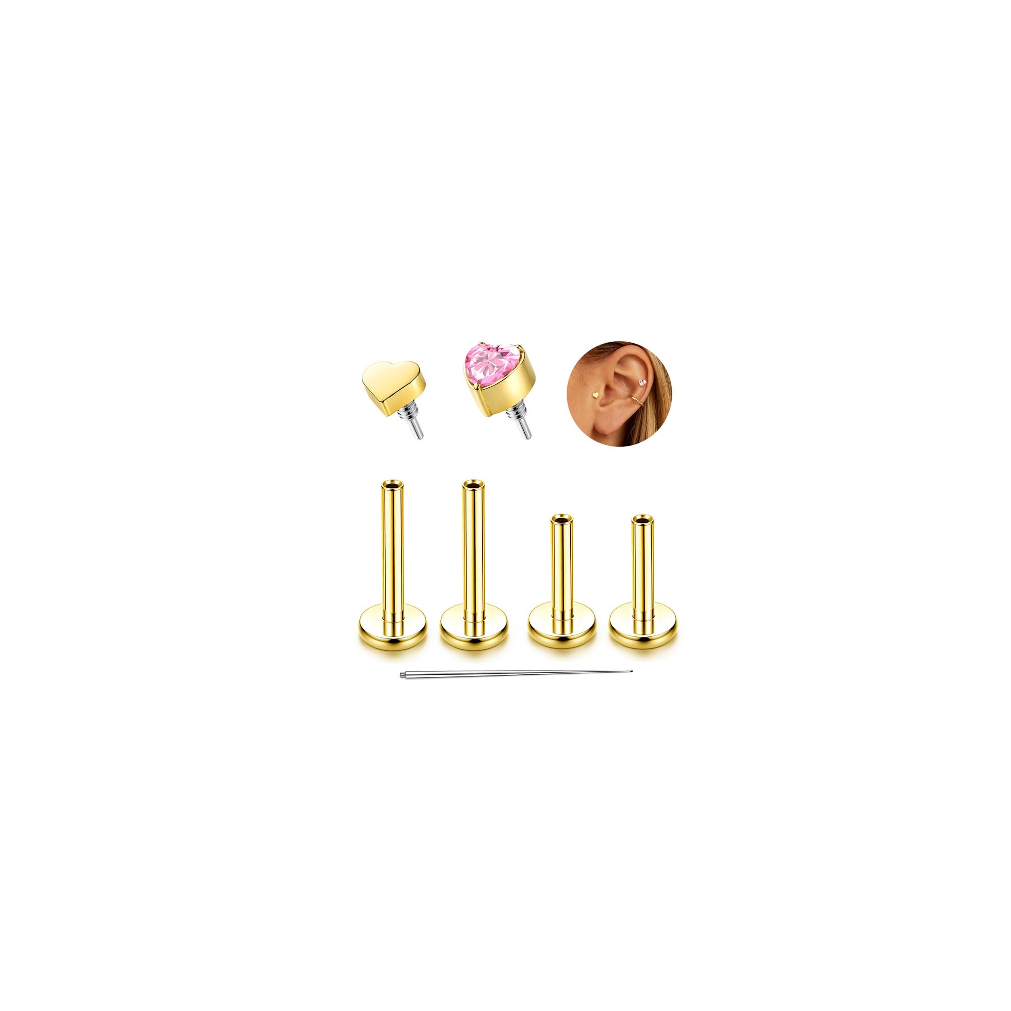 Milacolato G23 Titan Helix piercing złoty/srebrny, tragus, labret, kolczyk do wargi, meduza, gwint wewnętrzny, medyczne kolczyki sztyfty, małe kolczyki na sztyfcie, 6/8 mm