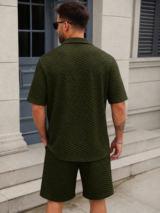 Image of Zilcon Men's Textured Co-Ord Set | Half Sleeve Cuban Collar Shirt & Shorts | Casual Summer Lounge Wear | Premium Matching Outfit