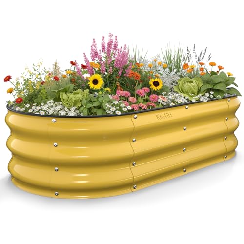Kesfitt Raised Garden Bed, 4x2x1 FT Galvanized Steel Metal Raised Garden Bed, Oval Open-Bottom Design, 12-Inch Deep for Outdoor Vegetable & Herb Gardening, Creamy Yellow