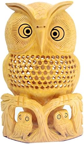 Javi 8 Inch Handmade Carved Wooden Owl Statue Figurine with Three Baby Owls - Antique Owl Statue-Sculpture for Modern Home-Office Decoration Table Top Centerpiece Shelf Décor