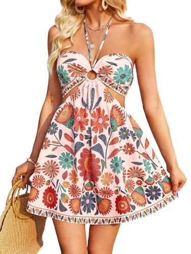 Image of Floerns Women's Floral Halter Neck Vacation Dress Sleeveless Cut Out Boho Cami Dress
