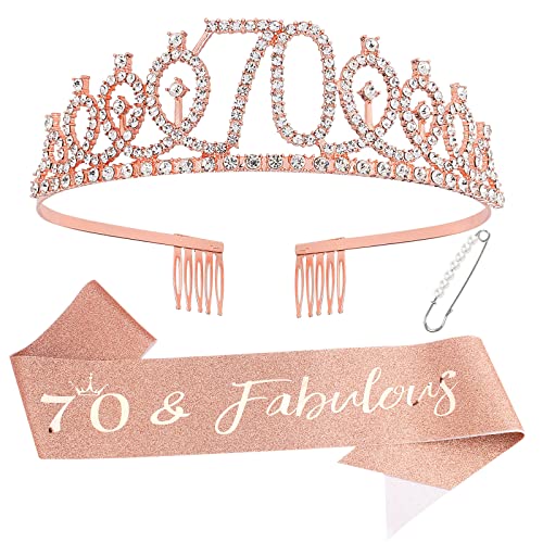 Semato 70 & Fabulous Birthday Crown and Sash Kit- 70th Birthday Gifts for Women 70th Birthday Party Supplies (rose gold)