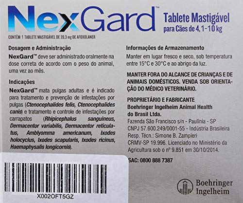 NexGard Antipulgas e Carrapatos para Cães de 4,1 a 10kg, 1 tablete