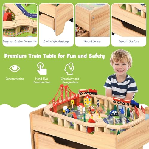 Image of Costzon Wooden Train Table with 100 Multicolor Pieces | Kids Activity Table w / Large Rolling Storage Drawer, Tracks, Cars, DIY Design, Train Set Table for Boys Girls Toddlers 3+