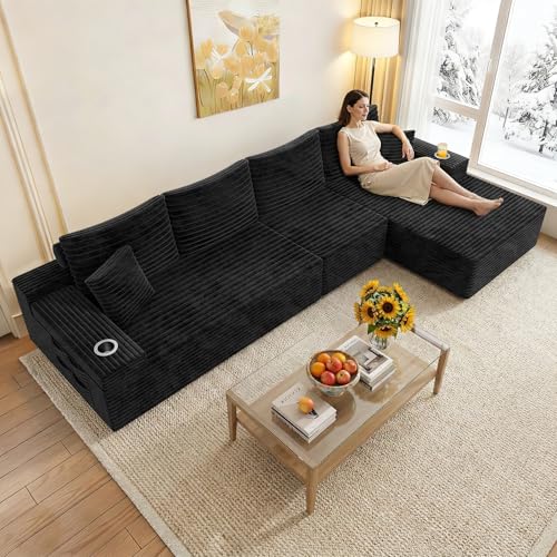 Image of 138 inch Cloud Sectional Couch with L Shape Chaise, Extra Large Frameless Corduroy Sofa, Higher 17.7 inch Seat Height, 32D Pure Foam, Modular Seating for Living Room, No Assembly (Black, Right Facing Chaise)