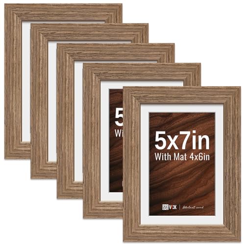 Image of VCK 5x7 Picture Frame 5 Pack, Walnut Wood, 4x6 Mat, Glass, for Portrait