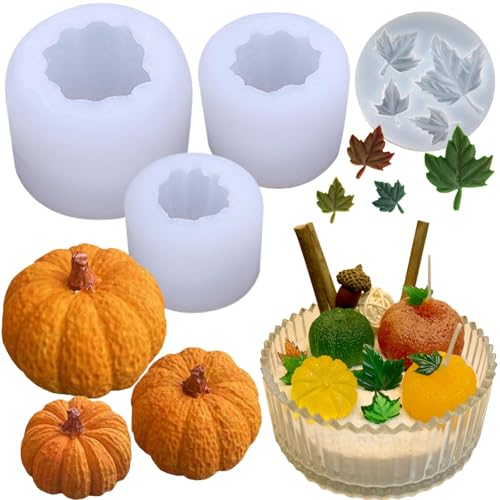 Molde de silicone abóbora, molde de silicone de outono, velas de abóbora 3D, moldes de resina de ação graças para velas, sabonetes, chocolate e artesanato DIY (4 unidades)