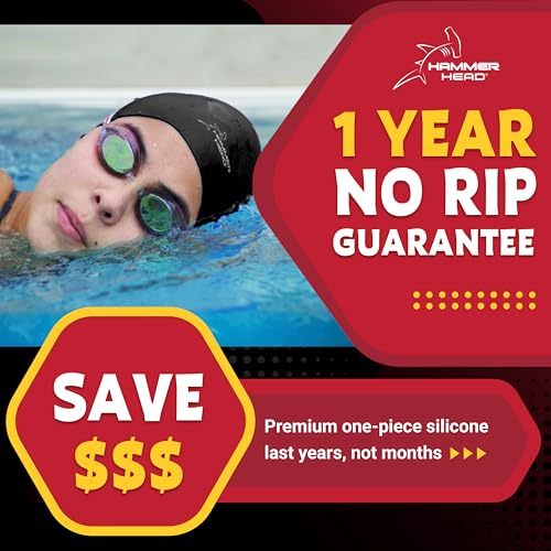 Hammer Head Swim Cap for Safety and Speed with Honeycomb Impact Technology - Reduce Frontal Drag - One Year No-Rip Guarantee (Black, Large)