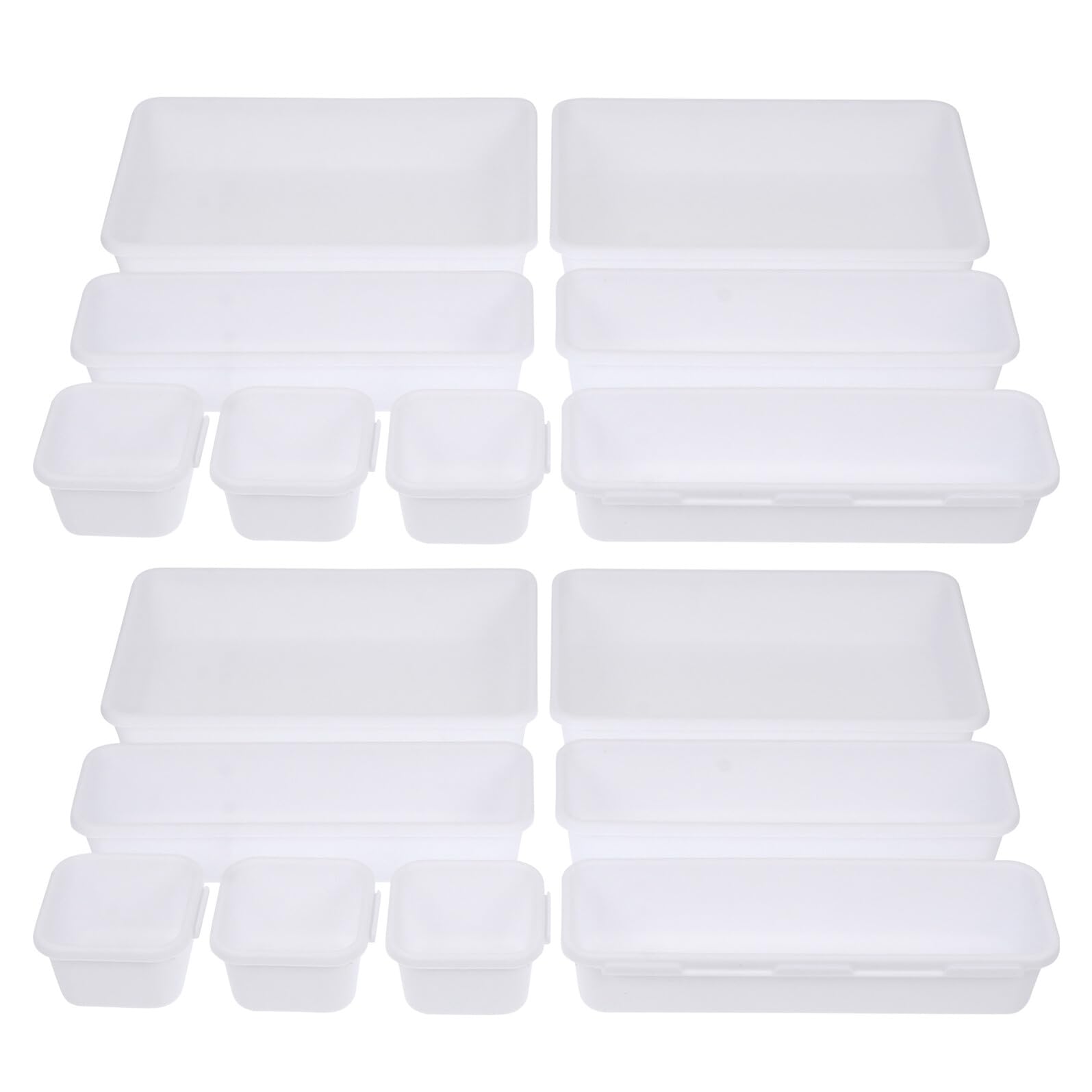 Organizer per Trucchi e Scatola Portaoggetti a Scomparti in Plastica Bianca, Set da 16 Pezzi (24x16x9 Cm), Divisori Modulari per Cassetti, per Bagno, Scrivania e Vanità