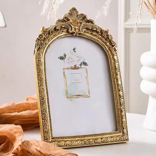 Image of Ekhasa Nostrae Golden Vintage Resin Photo Frame with Glass | 4.7 x 3.5 Inch Baroque Style Ornate Tabletop Picture Frame | Elegant Antique Decorative Frame for Desk, Bedroom & Gift Decor
