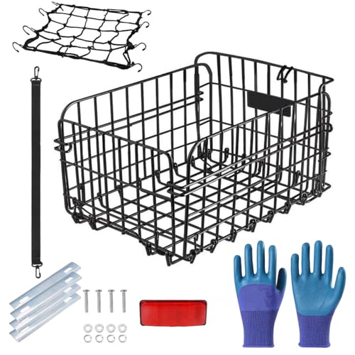 Folding Rear Bike Basket Bike Rack Basket Basket for Bike Dog Bike Basket Quickly Release Metal Bicycle Rack Cargo Basket with Strap & Reflective Tail Light Fits Most Bike Racks