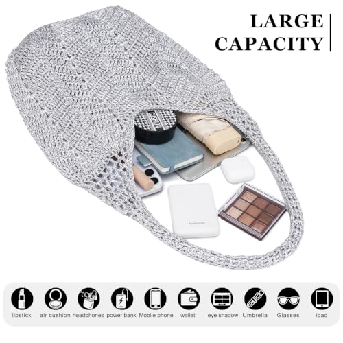 Image of Boho Crochet Shoulder Bag for Women, Colorful Beaded Beach Tote Handbag Lightweight Summer Knit Hobo Purse &Travel Organizer