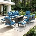 Sophia & William Patio Furniture Sets for 9 with 45" Gas Fire Pit Table Outdoor Conversation Sets, 2xSofa Chairs, 2xSwivel Cushion Chairs, 1x3-Seat Sofa, 2xOttomans for Porch Poolside Peacock Blue