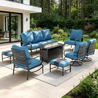 Sophia & William Patio Furniture Sets for 9 with 45" Gas Fire Pit Table Outdoor Conversation Sets, 2xSofa Chairs, 2xSwivel Cushion Chairs, 1x3-Seat Sofa, 2xOttomans for Porch Poolside Peacock Blue