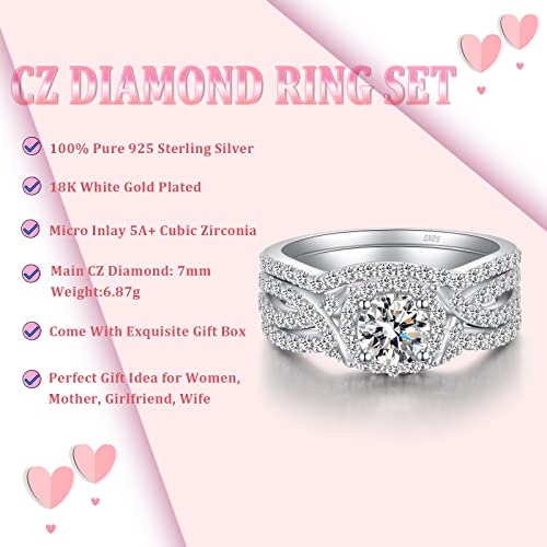 Han han 18K White Gold Plated 925 Sterling Silver Wedding Engagement Promise Eternity Ring Set for Women, Size 5-92