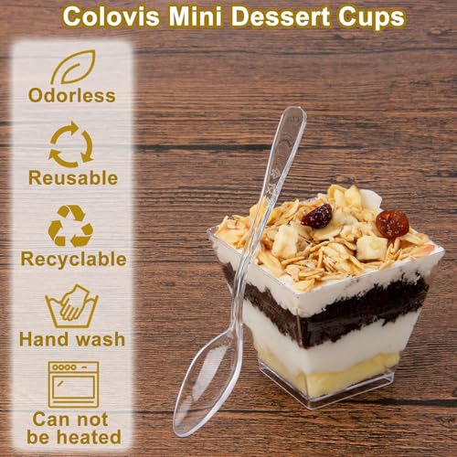 Image of Colovis Mini Dessert Cups, 100 CT 2oz Clear Plastic Parfait Appetizer Cups with Spoons Mini Square Dessert Bowls for Serving, Tasting (100)