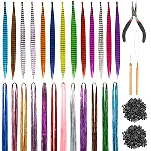 Iriisy 51 Pieces 25 Colors Feathers Hair Extensions and 2160 Strands Hair Tinsel with Tools Hair Accesories Kit Sparkling Shiny Synthetic Hair Kit with 200 Micro Ring Beads for Christmas Women