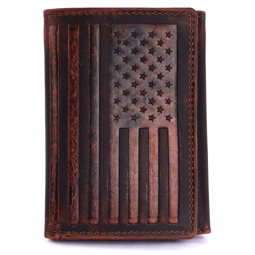 Image of Trifold Wallet for Men, Full Grain Cowhide Leather, RFID Blocking, Gifts for Men (Brown with US Flag)