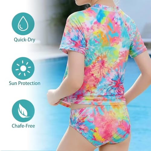 Image of Girls Two Piece Swimsuits Short Sleeve Rash Guard Swim Shirt Bikini Bottom Swim Set Bathing Swim Set Swimwear 3-16 Years