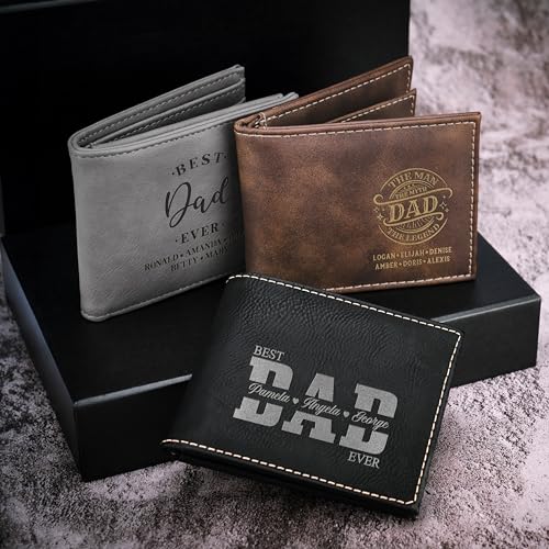 Personalize Wallet For Men, Father's Day Gifts, Custom W/Children's Names, Laser Engraved Leatherette Wallet, 5 Colors, 3 Designs, Best Dad Ever, Laser Engraved (Brown)2