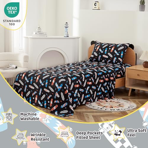 Image of Viviland 3 Pieces Boys Black Twin Sheet Set - Soft Microfiber Fitted Flat Sheets & Pillowcase Bed Sheet Set - Cool Skateboard Bedding Sets for Kids