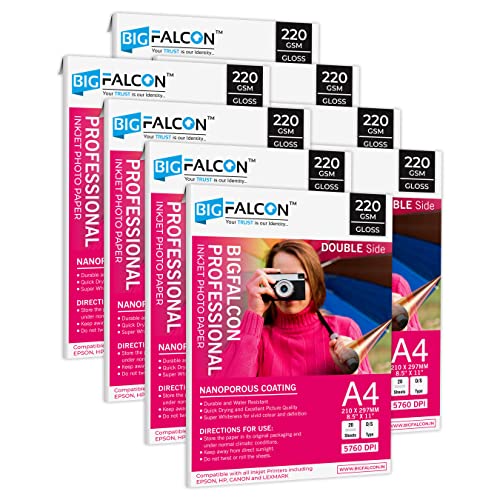 Image of BIGFALCON Professional A4 (8.5x11 inch) 220 GSM Double Sided Glossy Inkjet Photo Paper Premium Dual Sided Printing for Stunning Photos (Pack of 8-160 Sheets)